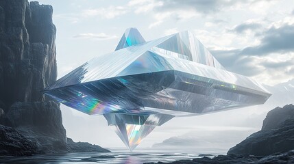 **A hovering futuristic cathedral of pure glass polygons