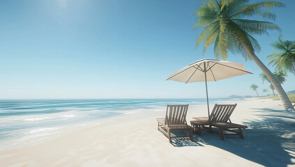 Beach chairs and umbrellas on the white sand beach with palm trees at sunset, a summer vacation concept banner background. 2