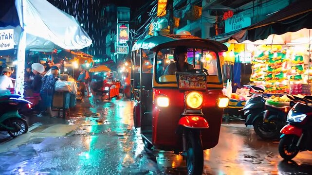 A brightly lit tuk-tuk drives through a bustling night market on a rainy evening, surrounded by colorful market stalls and glowing street lights. The wet pavement reflects the vivid neon hues