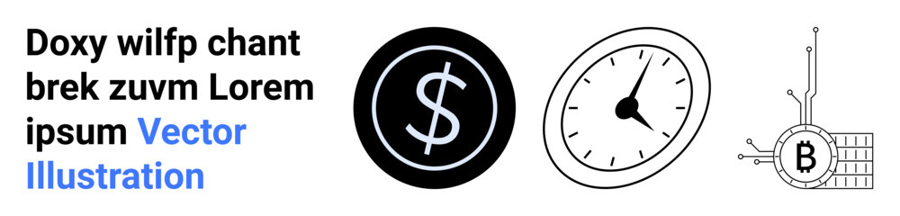 High contrast symbols including a black dollar icon, a classic clock face with black accents, and a Bitcoin circuit illustration. Ideal for finance, business, banking, technology, time management