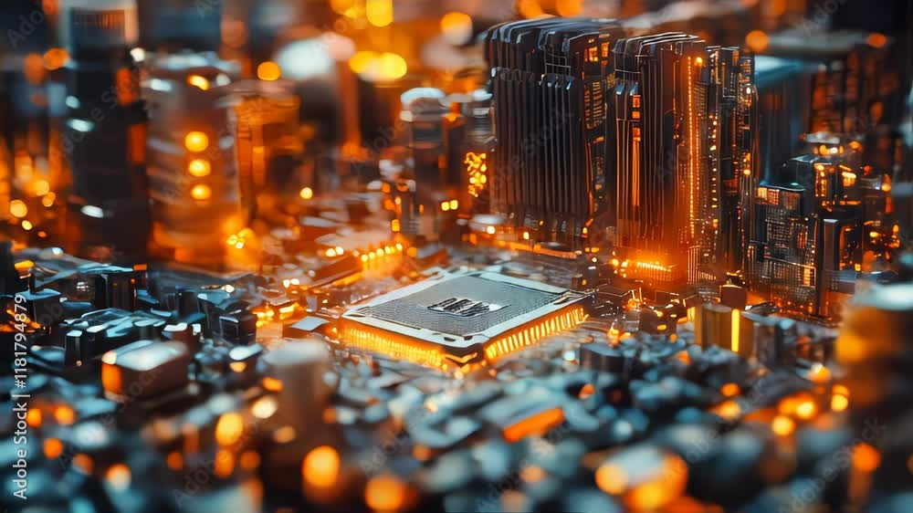 Poster close-up view of a glowing circuit board, showcasing intricate electronic components and high-tech i