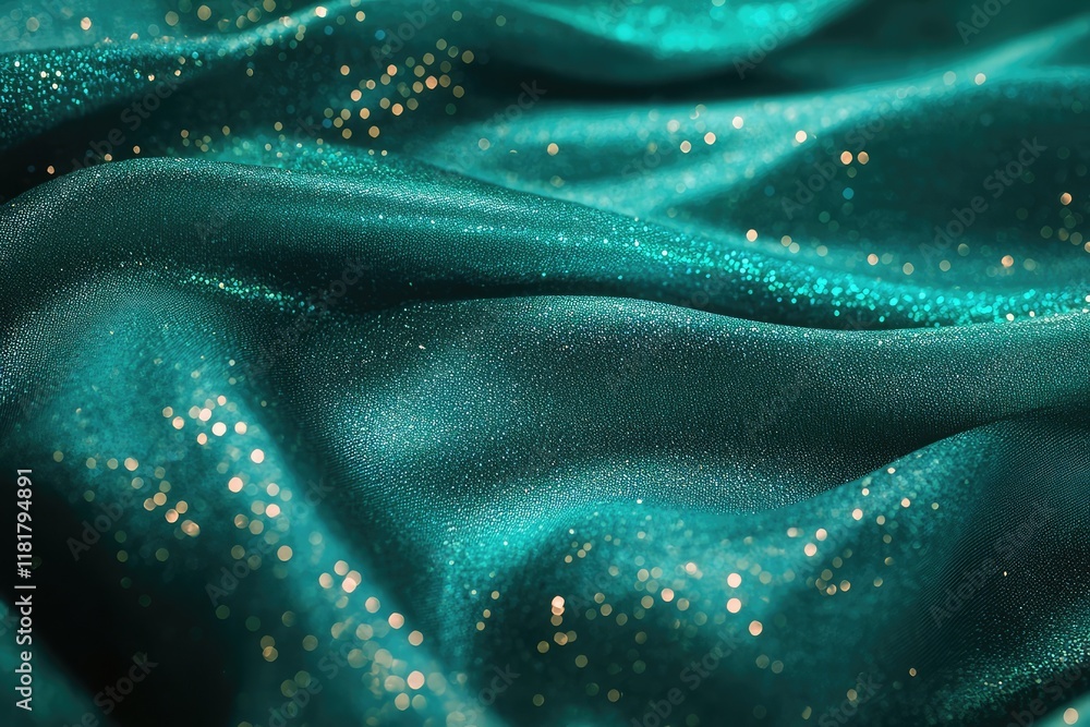 Poster vibrant teal, jade, and emerald green gradient background with bright glitter and smooth wave patter