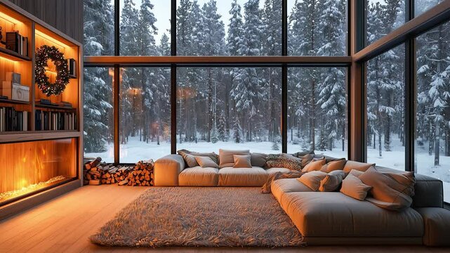 Modern chalet interior with warm tones, inviting and peaceful