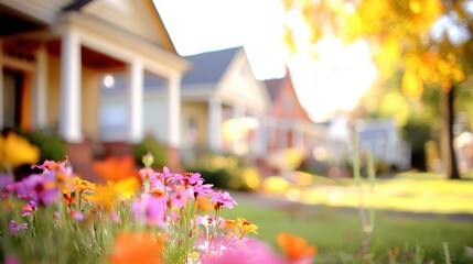 Obraz premium Vibrant Flowers in Front of Cozy Homes During a Sunny Autumn Day in Neighborhood
