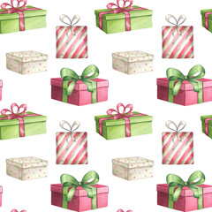 Red green gift boxes seamless pattern with ribbon and bow. Present for Christmas, New year, Birthday party. Hand drawn watercolor illustration isolated on white background. Textile, print, wrapping