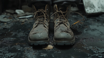 One pair of work boots, laces undone, on a black floor, signifying the end of a workday.