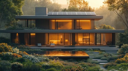 Obraz premium Modern Sustainable Home with Solar Panels Bathed in Morning Rays