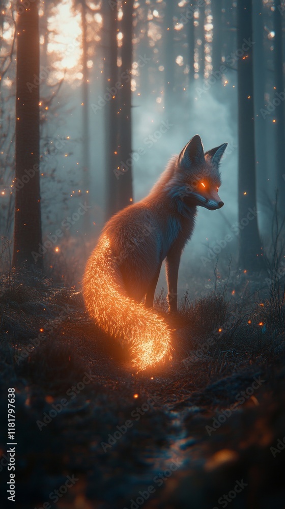 Poster in a quiet forest at twilight, a mystical fox stands gracefully, its tail emanating swirling, glowin