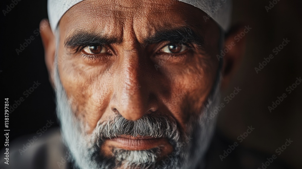 Poster portrait of an elderly man with deep-set eyes and a contemplative expression captured in warm lighti