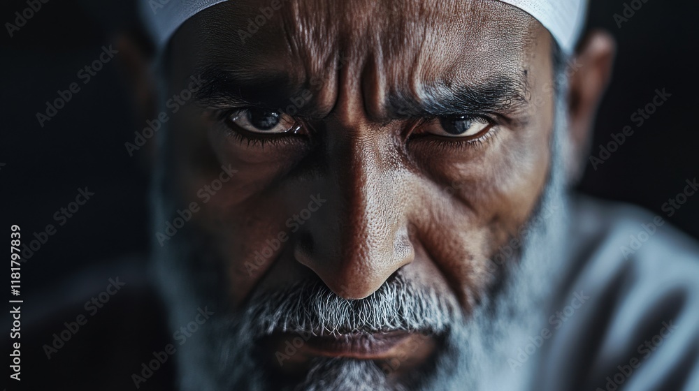 Poster portrait of an elderly man with a serious expression captured in low light, emphasizing deep wrinkle