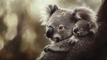 Fototapeta premium Motherly Love: A Koala and Her Joey Embrace in Nature's Embrace