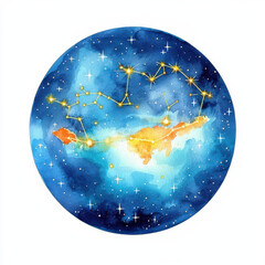 Naklejka premium Vibrant watercolor globe with constellation map and stars