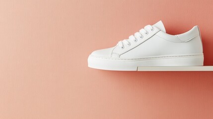 Stylish white sneakers displayed on a shelf modern interior product photography minimalist design side view