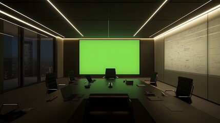 Modern conference room at night with green screen.
