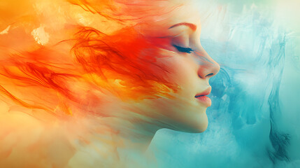 A woman's face softly fades into vibrant colors of orange and blue, blending with abstract patterns that evoke emotions and serenity