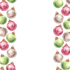 Christmas tree balls frame, red green silver toys. Bright and colorful New Year decorations. Hand drawn watercolor illustration isolated on white background. For postcard, advertising, design
