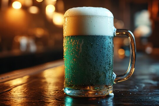St. patrick's day celebration with a frothy green beer mug on a rustic bar
