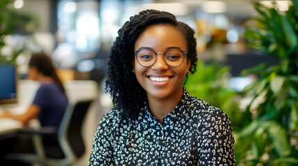 A confident young Black woman with glasses smiles warmly in a vibrant office filled with plants, embodying positivity and professionalism