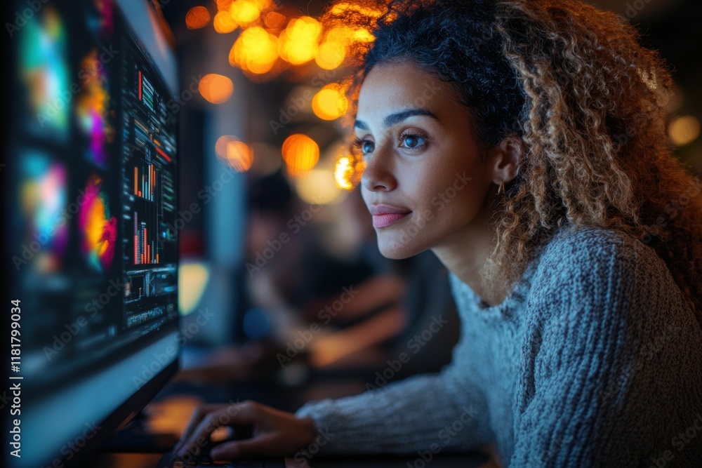 Poster young woman focuses intently on computer screen while working on digital project in modern workspace
