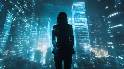 Fototapeta premium A silhouette of a female business professional stands in front of a futuristic cityscape at night, surrounded by glowing skyscrapers and a digital atmosphere