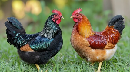 Fototapeta premium Two vibrant chickens standing in green grass under sunlight, showcasing their unique plumage and engaging in a friendly encounter in a serene outdoor setting