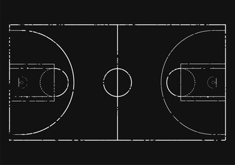 Basketball court plan black board by chalk, court for play, field game with ball, layout of scheme, vector illustration, design sport arena team