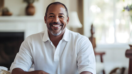 Obraz premium A man smiling warmly during a relaxed moment at home, displaying joy and comfort, with a friendly demeanor and gray-streaked beard