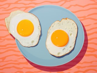Brightly colored sunny side up eggs served on a plate against a vibrant patterned background for a cheerful breakfast presentation