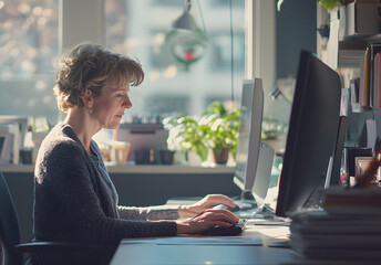 A mid-aged woman with short brown hair focuses intently on her computer in a bright and modern workspace surrounded by plants