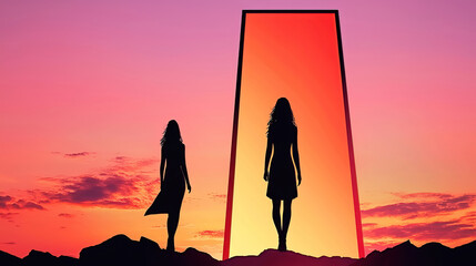 Women history honors equality and leadership. It empowers activism and inspires. Two Silhouettes Against a Vibrant Sunset with Portal