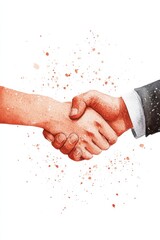 Watercolor illustration of a handshake between two hands, one in a formal suit. Business partnership and collaboration concept with white background.
