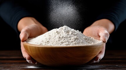 Fototapeta premium Flour being carefully held in a wooden bowl with hands sprinkling it gently in a kitchen setting, showcasing the baking process and ingredient preparation