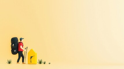Outdoor adventures and camping promote sustainability. Person with backpack approaching a yellow tent in a minimalist setting.