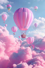 Fototapeta premium Pink and blue hot air balloons, pastel colors, flowers, cute, dreamy, pink and blue background,