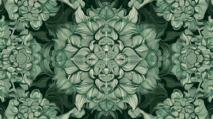 Intricate Green Floral Pattern with Detailed Line Art Design