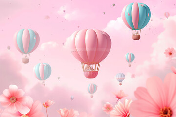 Fototapeta premium Pink and blue hot air balloons, pastel colors, flowers, cute, dreamy, pink and blue background,