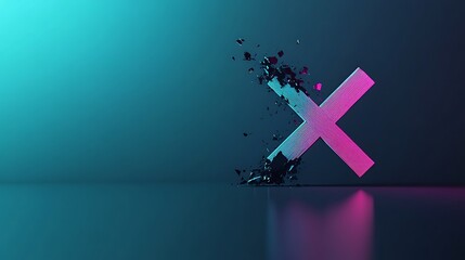 Neon pink and blue X dissolving into particles.