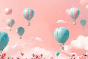 Pink and blue hot air balloons, pastel colors, flowers, cute, dreamy, pink and blue background,
