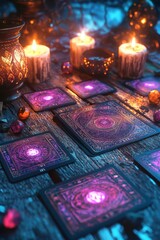 Mysterious tarot reading setup at night with candles and crystals illuminating the scene, creating an enchanting atmosphere filled with magic