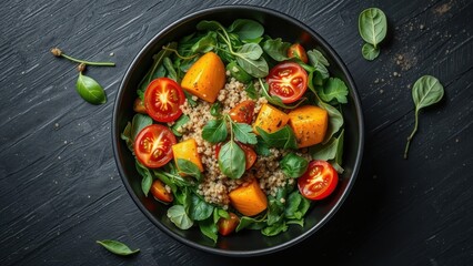 Colorful salad with roasted sweet potatoes, couscous, cherry tomatoes, dates, and fresh greens. Perfect for vegan and vegetarian