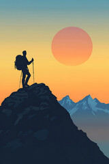 Fototapeta premium A silhouette of a hiker on a mountain peak at sunset, symbolizing adventure and exploration.