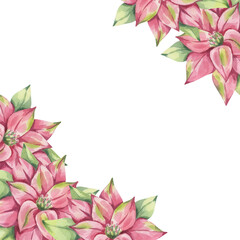 Poinsettia pink red corner frame, winter flower with leaves. Traditional plant for Christmas decoration. Happy New Year! Hand drawn watercolor illustration isolated on white background.