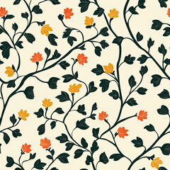 Floral pattern with orange and yellow flowers intertwined with green vines against a light background.
