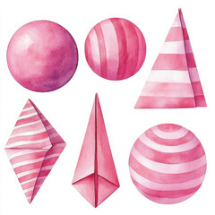 Pink geometric shapes with watercolor texture, including spheres and pyramids
