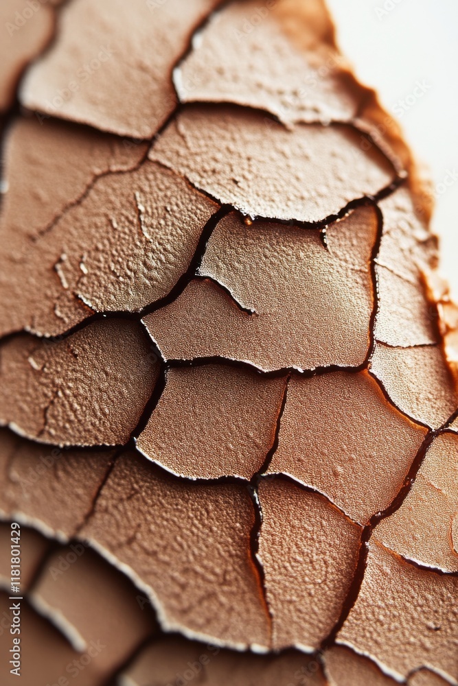 Poster close-up view of textured brown surface showing intricate patterns of peeling skin or paint under so