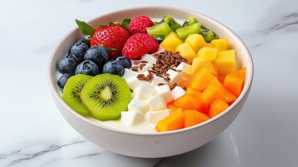 Colorful Bowl of Fresh Fruits and Yogurt with Flax Seeds on a Marble Surface, Showcasing a Healthy and Vibrant Meal for Fitness Enthusiasts and Food Lovers