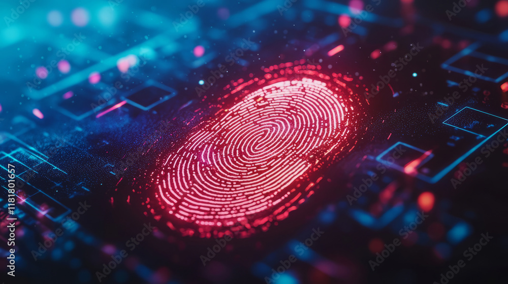 Poster glowing fingerprint on a digital interface with cybersecurity theme