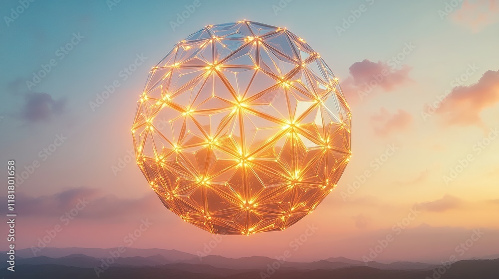 Poster **a massive floating globe made of interconnected glowing triangular panels