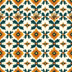 Vibrant floral pattern with orange flowers and green leaves on a cream background, ideal for textiles or wallpaper designs.
