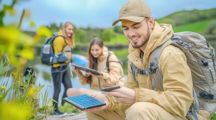 Outdoor adventures and camping promote sustainability. Outdoor group enjoying nature with tablets by the water.